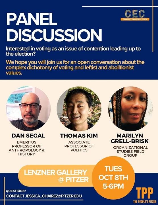 a promotional flyer with the text "We have invited Emeritus Professor of Anthropology & History, Dan Segal; Associate Professor of Politices, Thomas Kim and Adjunct Assistant Professor of Organizational Studies, Marilyn Grell-Brisk for this discussion!" featuring portraits of dan segal, thomas kim, and Marilyn grill-brisk