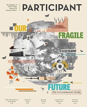 cover of spring 2024 participant cover with a collage of the earth surrounded by the words "our fragile future"