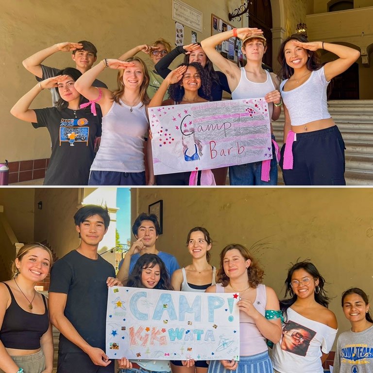 Two group shots of Camp Barb and Camp Kikiwata posing with their team flags on the steps of Frary Dining Hall at Pomona College.