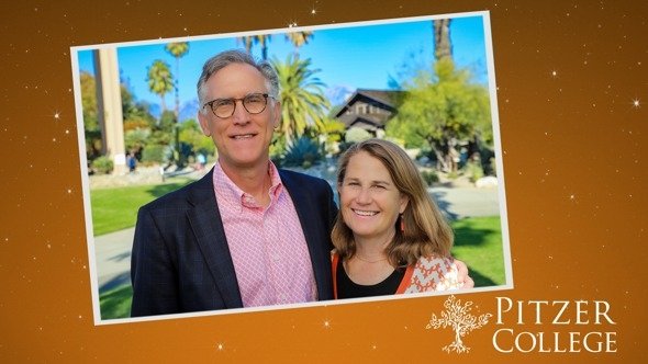President Strom Thacker and Isabelle Thacker pose on the Pitzer Mounds with the Grove House in the background.