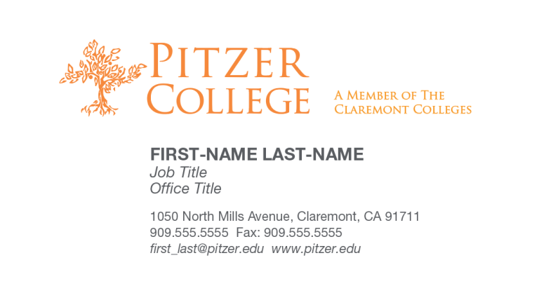 Pitzer business cards show first name, last name, job title, office, Pitzer's address, phone and fax numbers, your email, and the Pitzer website.