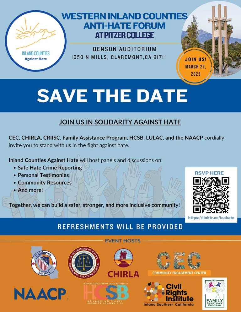 A blue and orange flyer with images of the pitzer tower and a seal that says "Inland Counties Against Hate." The remainder of the text is included in the body of the webpage.