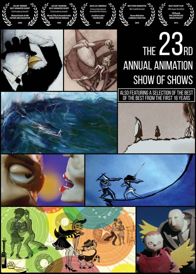 a poster with the words " The 23rd annual animation show of shows, also featuring a selection of the best forom the first 16 years" with a grid of animated still from various movies.
