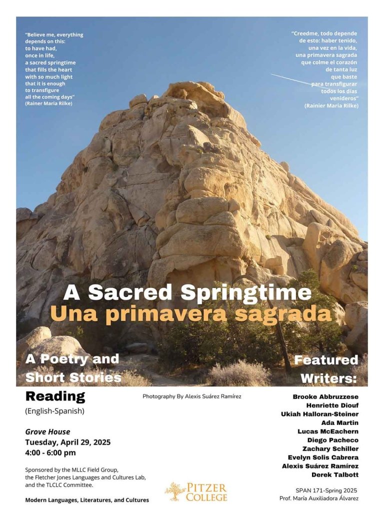 a poster with a large beige rock against a blue sky with text on it. Text is in the body of the webpage