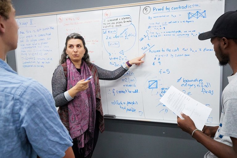 Professor Bahar Acu explains a concept as two students look on