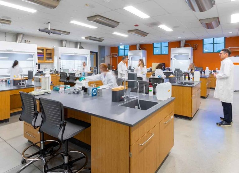 students interact with faculty in a lab