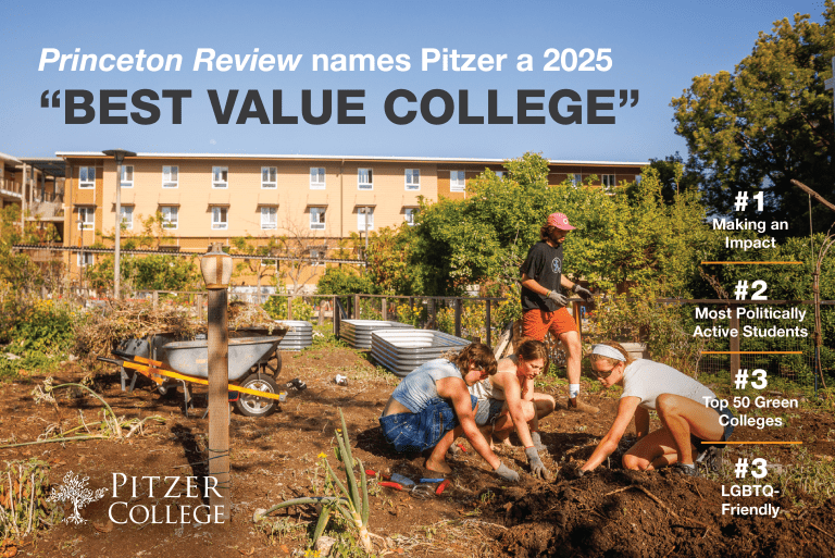 Students in the student garden with ranking numbers for PItzer top categories