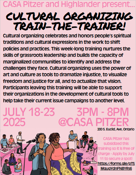 a flyer with a pink background and illustrations of people working in community. Included text is on the body of the webpage.
