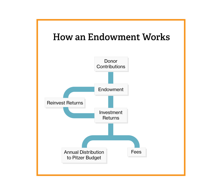 a flow chart explaning how endowment contributions flow into endowment returns, the Pitzer budget, and fees