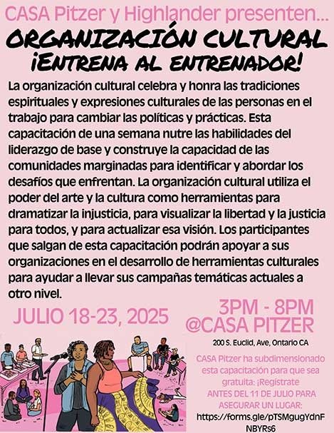 a flyer with a pink background and illustrations of people working in community. Included text is on the body of the webpage.