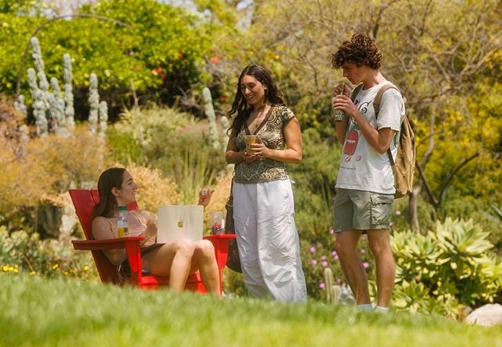 three students socialize on the mounds surrounded by lush greenery and cactus in the background