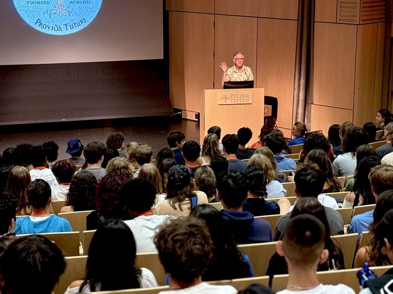 Strom Thacker addresses the Class of 2029 on Move-In Day 2025