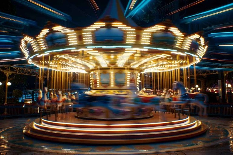 lit up carousel spinning at night