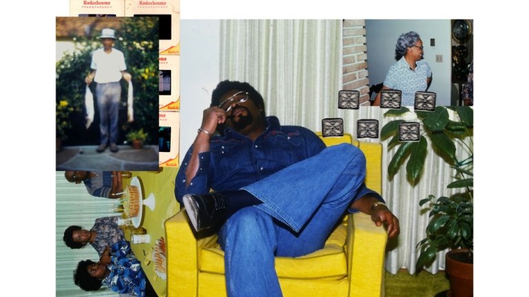 Photo collage of Black residents in Altadena including a man sleeping in a love seat, a man holding up fish, and a birthday celebration.