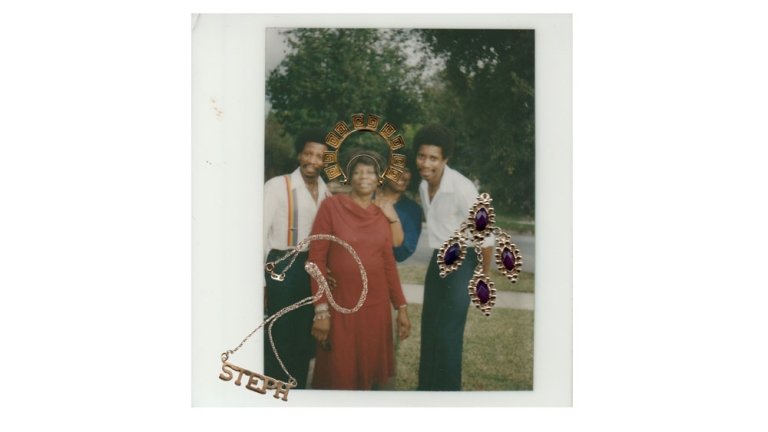 Jewelry is scattered over a photo of four Black residents of Altadena standing outdoors.