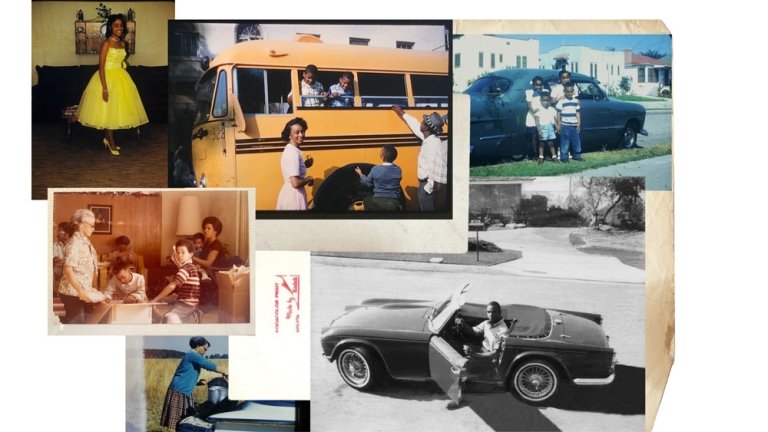 Collage of photos of Black residents in Altadena including children on a school bus, a girl in a yellow dress, and a man stepping out of a car.
