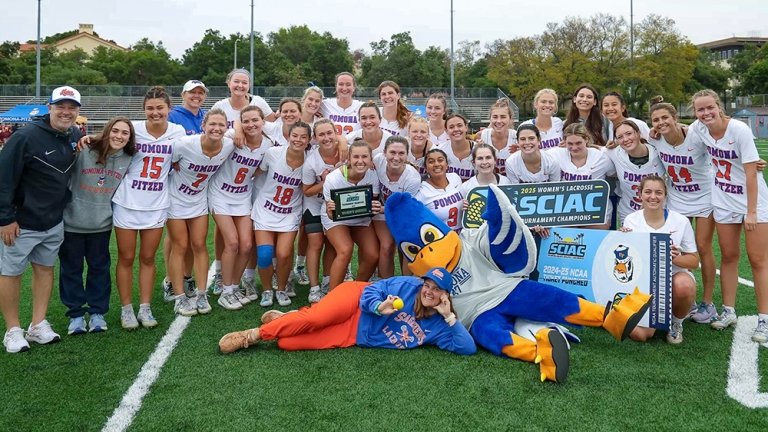 The Pomona-Pitzer women's lacrosse team celebrates after their fourth-straight conference championship win