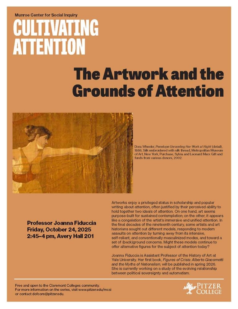 poster for the lecture title, The Artwork anad the Grounds of Attention. Text on poster included in the body of the webpage.