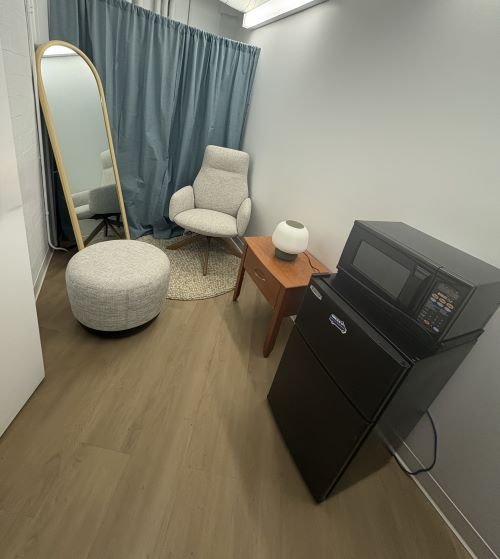 Mirror, chairs, fridge in a small sitting room