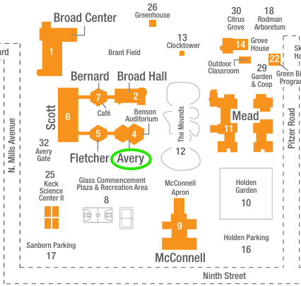 Pitzer Map with a circle around Avery Hall