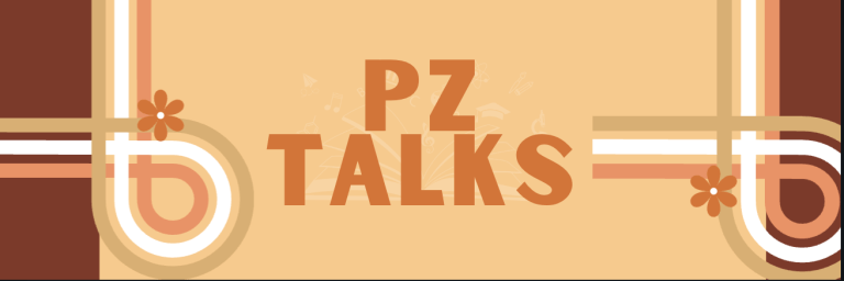 an orange and rust graphic that says "PZ Talks"