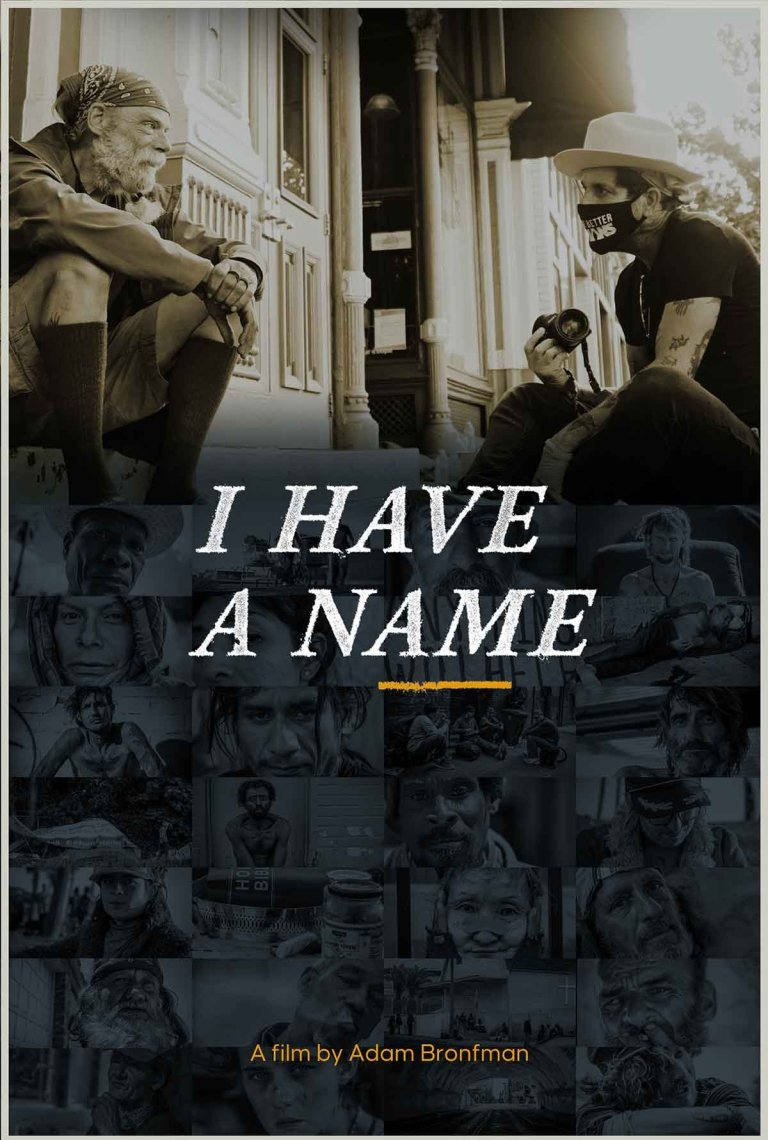 poster for I Have a Name documentary showing a masked man interviewing a man sitting on a step and black and white portraits of other people featured in the film.