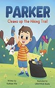 cartoon illustration of a small boy picking up trash in nature