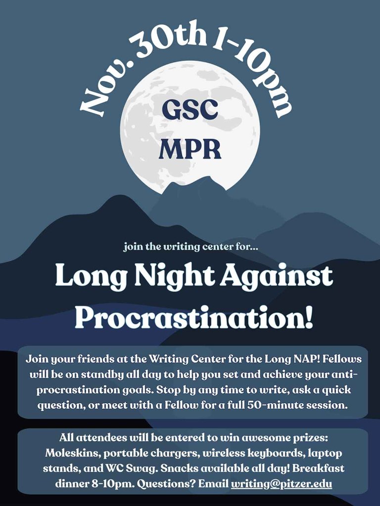 flyer for the Long Night Against procrastination hosted by the Writing Center. Details provided on flyer in the body of the web page