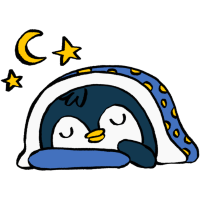 A penguin who is asleep under blankets