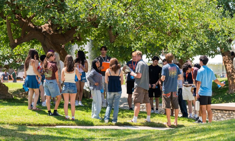 students stand in a large group on the mounds during an orientation event