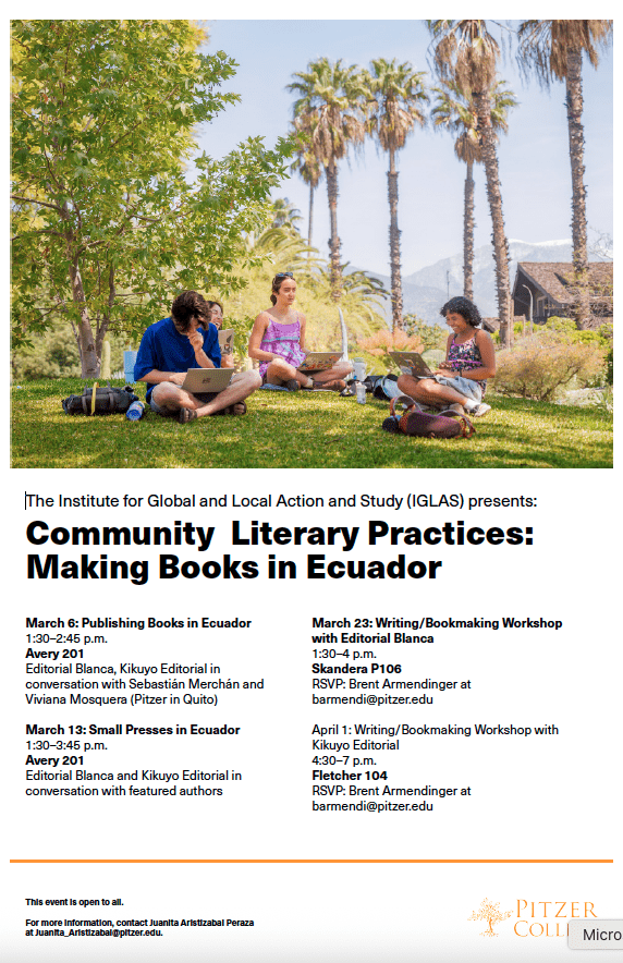 poster for community literary practices: making books in ecuador. Text in poster is in the body of the webpage