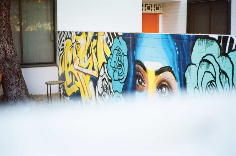 detail of a mural of the top half of a woman's face with flowers in her hair