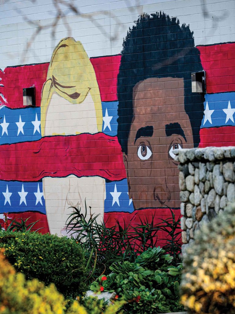 two faces superimposed on a red, white, and blue flag with their eyes and mouths covered by flag stripes