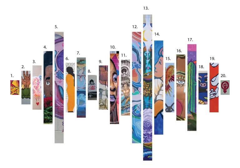 Strips of mural details in a soundwave shape with numbers above each strip.