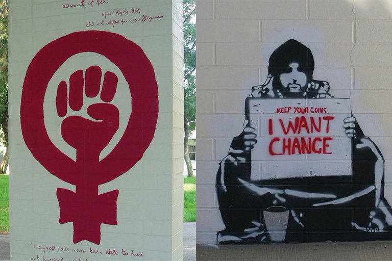 a red fist in a red female sign and a black and white murals of a man holding a sign that says "keep your coins, I want change."