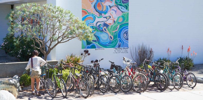 a student collects a bike at a very full bike stand outside of Mead dorm