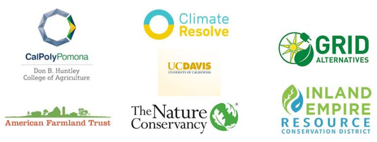 logos from uc davis, cal poly pomona, climate resolve, grid alternatives, the nature conservancy, inland empire resources, and american farmland trust
