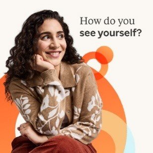 Female person smiling with words how do you see yourself?