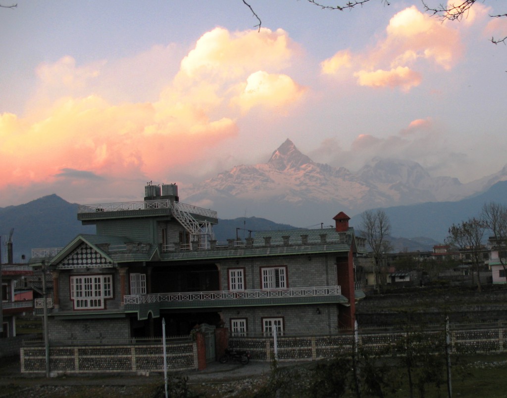 Nepal sunset with the Himalayas in the background.