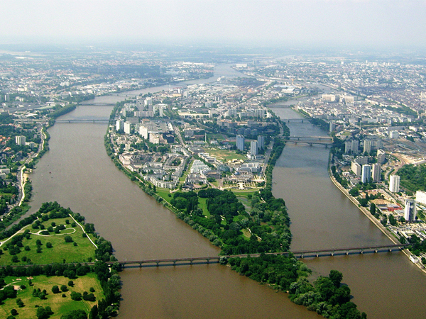 Aerial view of city and river in Nantes, Francs