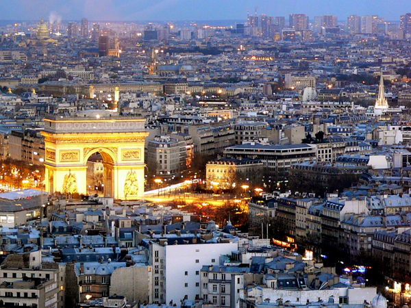 Aerial view of the city of Paris at dusk