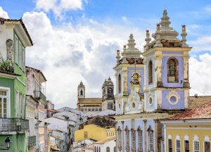 Facades of the old houses and townhouses and towers of historic churches in Pelourinho neighborhood in Salvador, Bahia