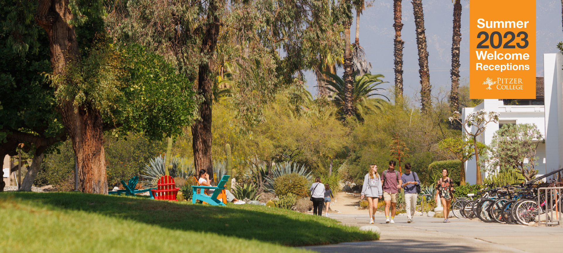2023 Summer welcome reception banner. Students walk on the Pitzer Mounds.